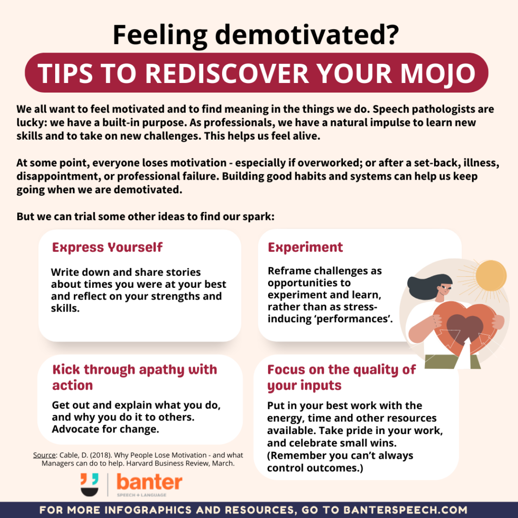 Feeling demotivated? Tips to rediscover your mojo | Banter Speech & Language Infographic about what to do when feeling demotivated and a woman holding a heart